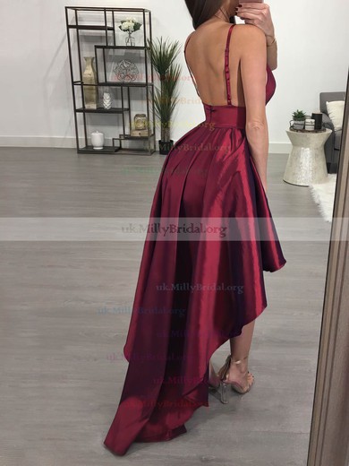 A-line V-neck Satin Asymmetrical Prom Dresses #UKM020105866