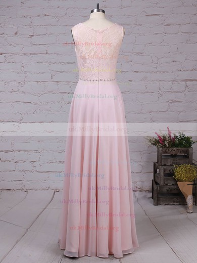 A-line Scoop Neck Lace Chiffon Floor-length Beading Prom Dresses #UKM020105877