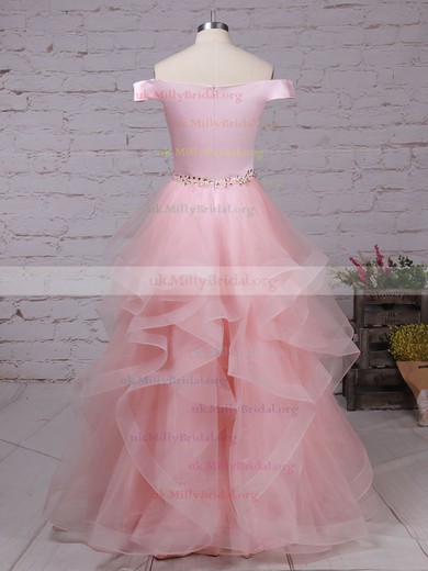 Ball Gown Off-the-shoulder Satin Organza Floor-length Beading Prom Dresses #UKM020105909