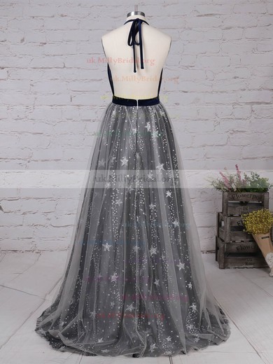Princess Halter Tulle Velvet Sweep Train Sequins Prom Dresses #UKM020105920