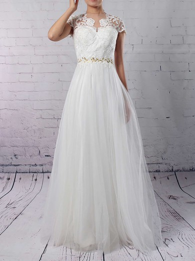 Tulle Scoop Neck A-line Floor-length Beading Wedding Dresses #UKM00023133