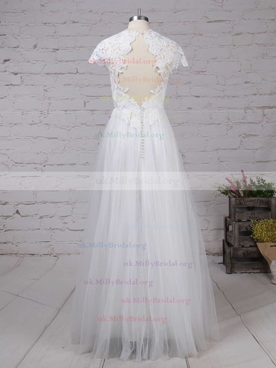 Tulle Scoop Neck A-line Floor-length Beading Wedding Dresses #UKM00023133