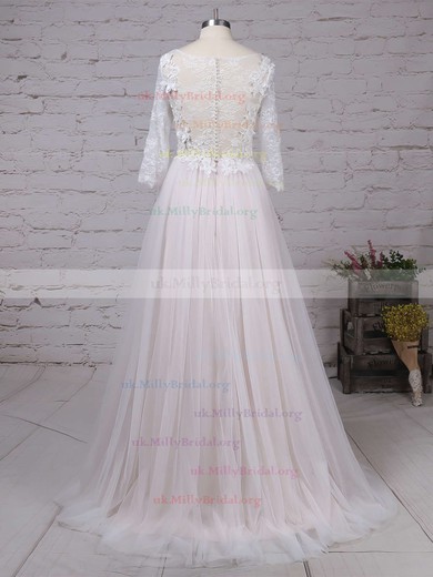 Lace Tulle Scoop Neck A-line Sweep Train Appliques Lace Wedding Dresses #UKM00023134