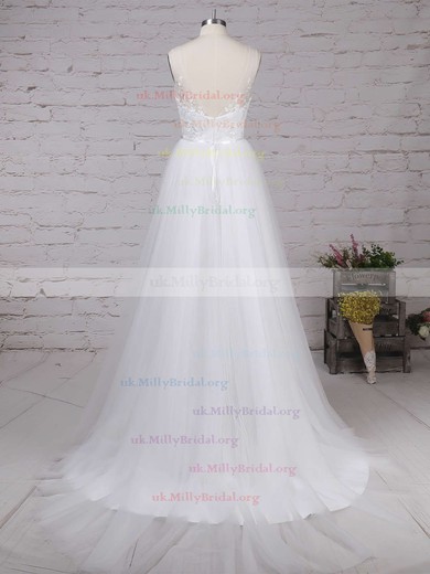 Tulle Scoop Neck Ball Gown Sweep Train Appliques Lace Wedding Dresses #UKM00023205