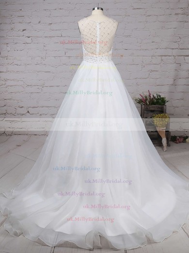 Organza Tulle V-neck Ball Gown Sweep Train Beading Wedding Dresses #UKM00023224