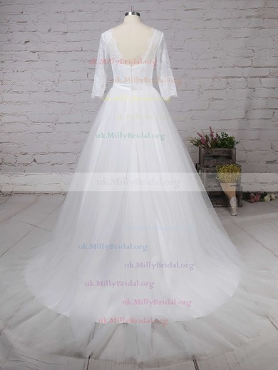 Lace Tulle V-neck Ball Gown Sweep Train Sashes / Ribbons Wedding Dresses #UKM00023226