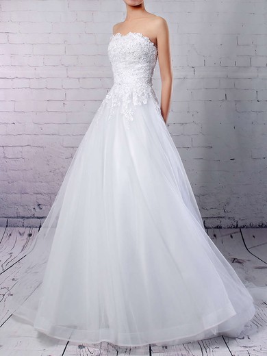 Tulle Strapless Ball Gown Sweep Train Beading Wedding Dresses #UKM00023236