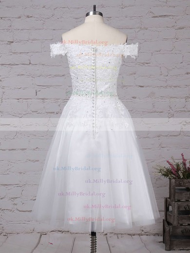 Tulle Off-the-shoulder Ball Gown Tea-length Beading Wedding Dresses #UKM00023267