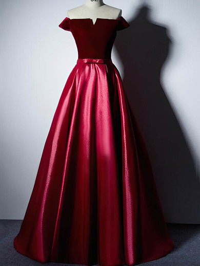 Ball Gown Off-the-shoulder Satin Velvet Floor-length Sashes / Ribbons Prom Dresses #UKM020106129