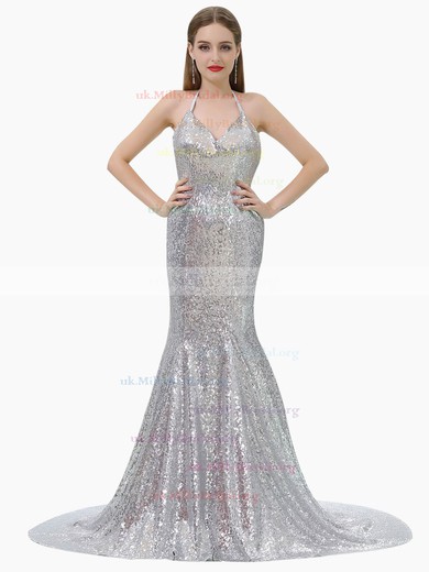 Trumpet/Mermaid Halter Sequined Sweep Train Prom Dresses #UKM020106160