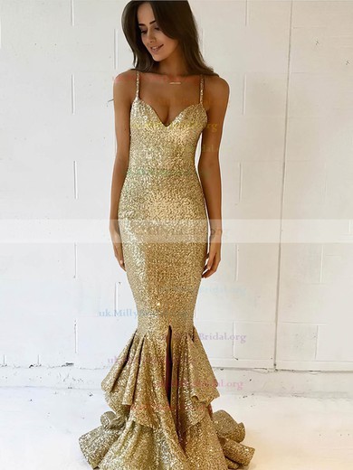 Trumpet/Mermaid V-neck Sequined Floor-length Split Front Prom Dresses #UKM020106165