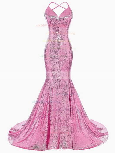 Trumpet/Mermaid V-neck Sequined Sweep Train Prom Dresses #UKM020106183