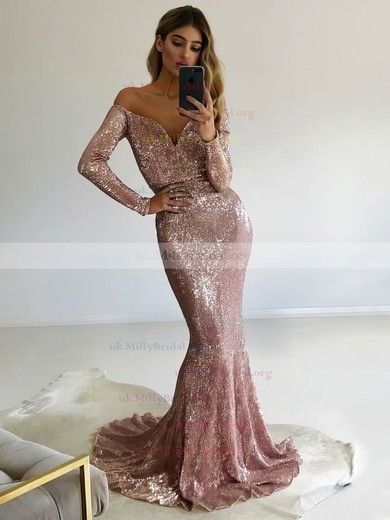 Trumpet/Mermaid Off-the-shoulder Sequined Sweep Train Prom Dresses #UKM020106204