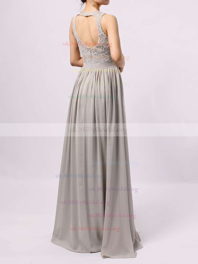 A-line Scoop Neck Lace Chiffon Floor-length Sashes / Ribbons Bridesmaid Dresses #UKM01013584