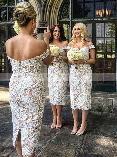 Lace Off-the-shoulder Sheath/Column Tea-length Bridesmaid Dresses #UKM01013721