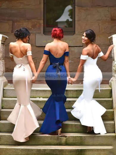 Silk-like Satin Off-the-shoulder Trumpet/Mermaid Asymmetrical Sashes / Ribbons Bridesmaid Dresses #UKM01013727