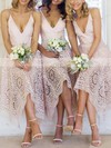 Lace V-neck A-line Tea-length Bridesmaid Dresses #UKM01013596