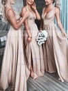 Silk-like Satin V-neck A-line Sweep Train Split Front Bridesmaid Dresses #UKM01013597