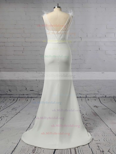 Tulle Stretch Crepe V-neck Trumpet/Mermaid Sweep Train Sashes / Ribbons Bridesmaid Dresses #UKM01013603