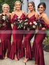 Silk-like Satin V-neck Trumpet/Mermaid Asymmetrical Ruffles Bridesmaid Dresses #UKM01013609