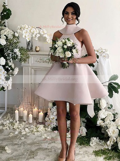 Satin High Neck Princess Short/Mini Bow Bridesmaid Dresses #UKM01013631