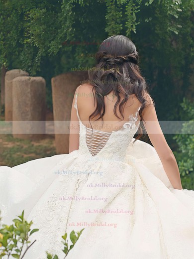 Lace Satin V-neck Ball Gown Floor-length Appliques Lace Wedding Dresses #UKM00023322
