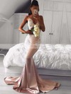 Silk-like Satin V-neck Trumpet/Mermaid Sweep Train Appliques Lace Bridesmaid Dresses #UKM010020105512