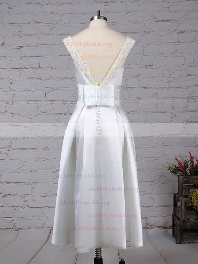 Satin Scoop Neck Princess Tea-length Bow Wedding Dresses #UKM00023269