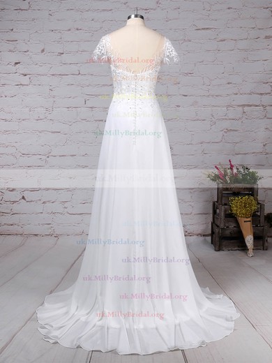 Satin Tulle Scoop Neck Ball Gown Sweep Train Appliques Lace Wedding Dresses #UKM00023170