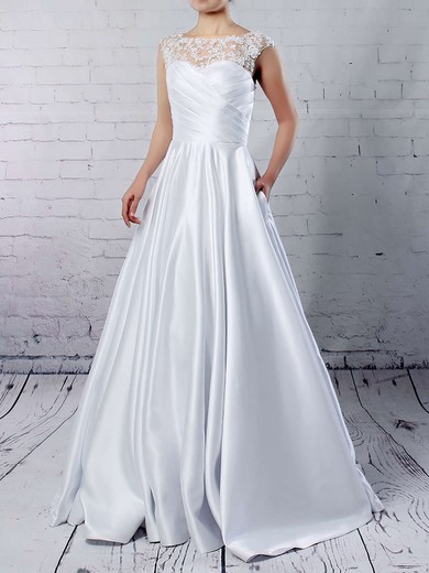 Satin Tulle Scoop Neck Ball Gown Floor-length Appliques Lace Wedding Dresses #UKM00023313