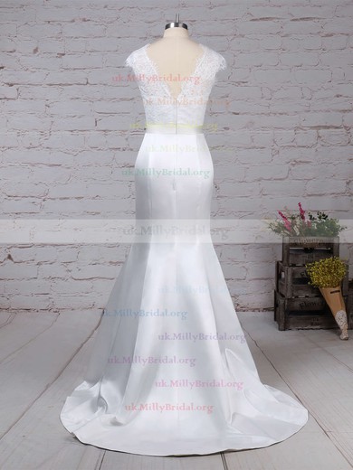 Lace Satin Scoop Neck Trumpet/Mermaid Sweep Train Beading Wedding Dresses #UKM00023227