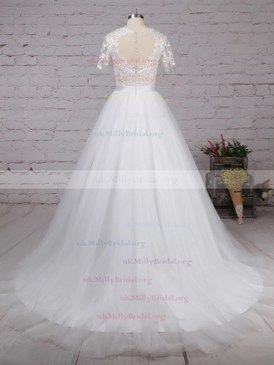 Tulle Scoop Neck Ball Gown Sweep Train Appliques Lace Wedding Dresses #UKM00023225