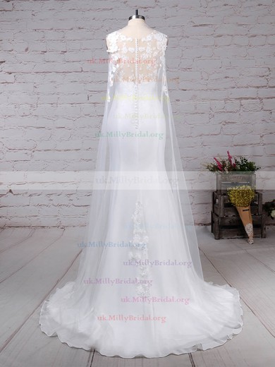 Tulle Chiffon Scoop Neck Trumpet/Mermaid Sweep Train Appliques Lace Wedding Dresses #UKM00023231