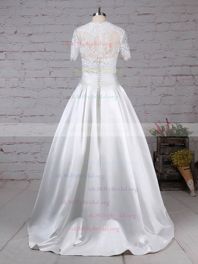 Lace Satin Sweetheart Ball Gown Floor-length Bow Wedding Dresses #UKM00023256