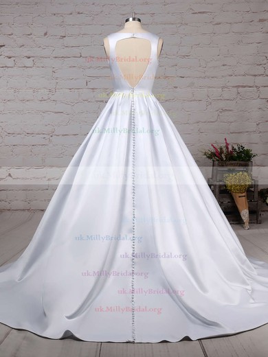 Satin V-neck Ball Gown Court Train Beading Wedding Dresses #UKM00023311