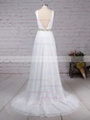 Lace Tulle V-neck A-line Sweep Train Sashes / Ribbons Wedding Dresses #UKM00023210