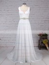 Lace Tulle V-neck A-line Sweep Train Sashes / Ribbons Wedding Dresses #UKM00023210