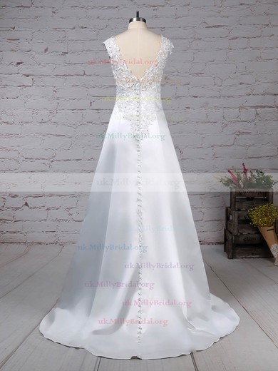 Satin Tulle V-neck Princess Sweep Train Appliques Lace Wedding Dresses #UKM00023301