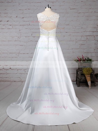 Satin Tulle Scoop Neck Ball Gown Sweep Train Appliques Lace Wedding Dresses #UKM00023319