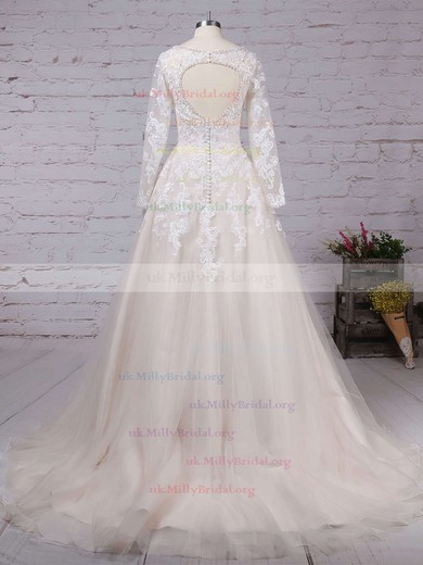 Tulle V-neck Ball Gown Court Train Beading Wedding Dresses #UKM00023154