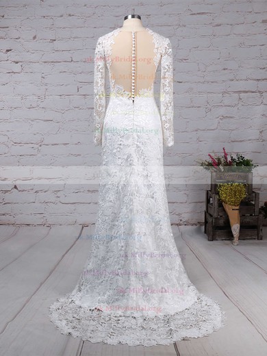 Lace Tulle Scoop Neck Sheath/Column Sweep Train Wedding Dresses #UKM00023193