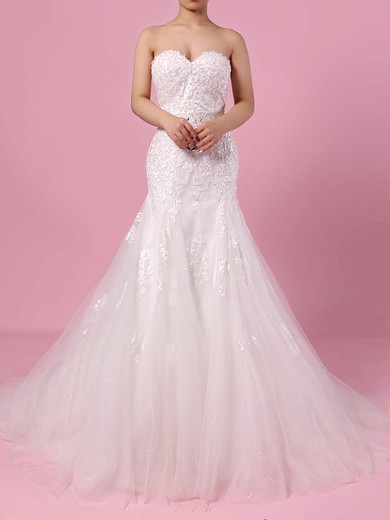 Tulle Sweetheart Trumpet/Mermaid Court Train Appliques Lace Wedding Dresses #UKM00023150
