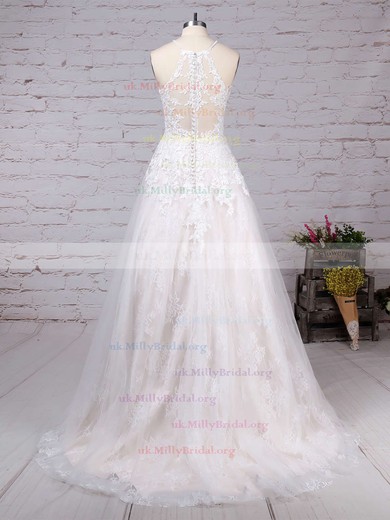 Lace Tulle Scoop Neck Princess Sweep Train Appliques Lace Wedding Dresses #UKM00023159