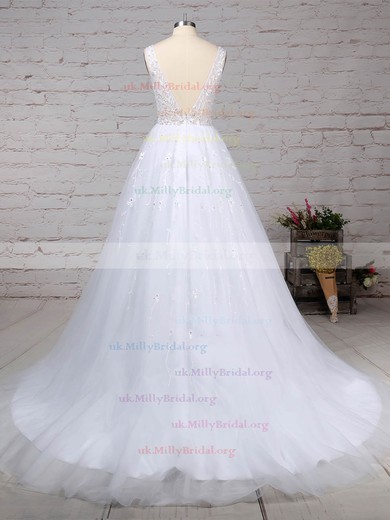 Tulle V-neck Ball Gown Sweep Train Beading Wedding Dresses #UKM00023221