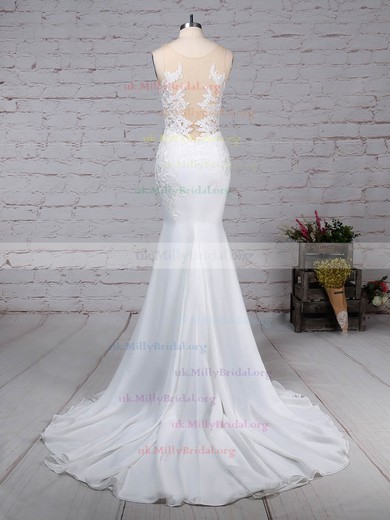 Chiffon Tulle V-neck Trumpet/Mermaid Sweep Train Beading Wedding Dresses #UKM00023232