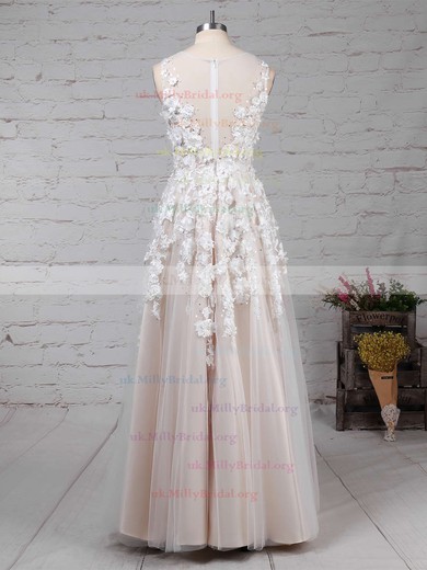 Tulle V-neck Princess Floor-length Appliques Lace Wedding Dresses #UKM00023122