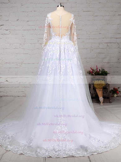 Organza Tulle Scoop Neck Ball Gown Sweep Train Appliques Lace Wedding Dresses #UKM00023141