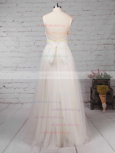Tulle V-neck A-line Floor-length Ruffles Wedding Dresses #UKM00023214