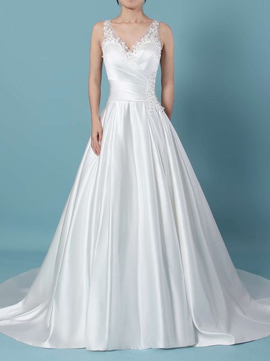 Satin Tulle V-neck Ball Gown Sweep Train Beading Wedding Dresses #UKM00023239
