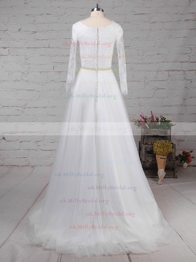 Lace Tulle Scoop Neck Princess Sweep Train Beading Wedding Dresses #UKM00023246